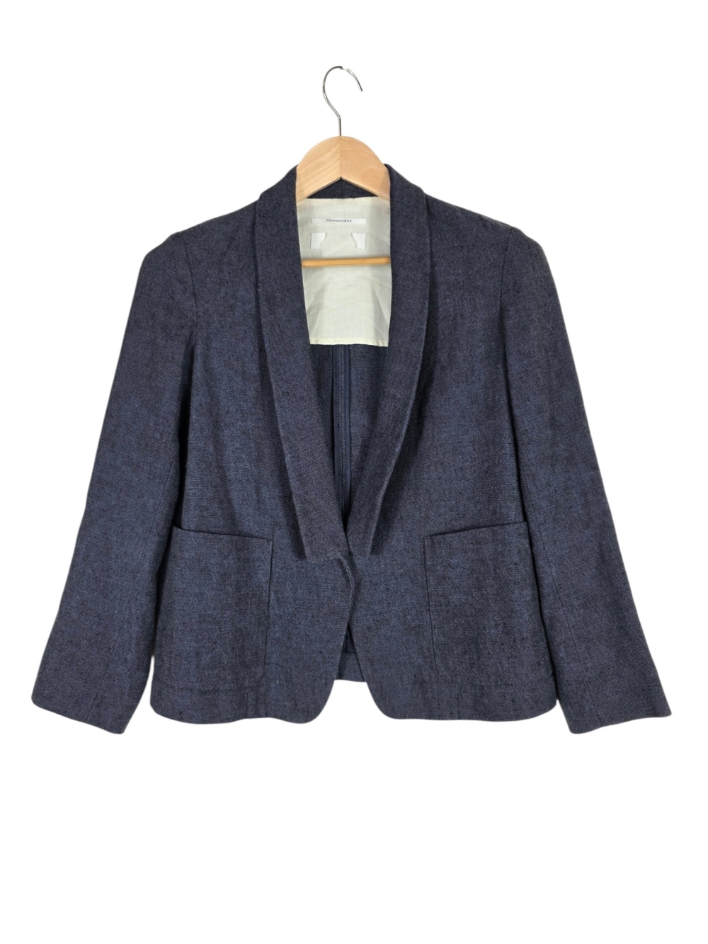 PomWandère Linen Navy Shawl-Collar Blazer Jacket
